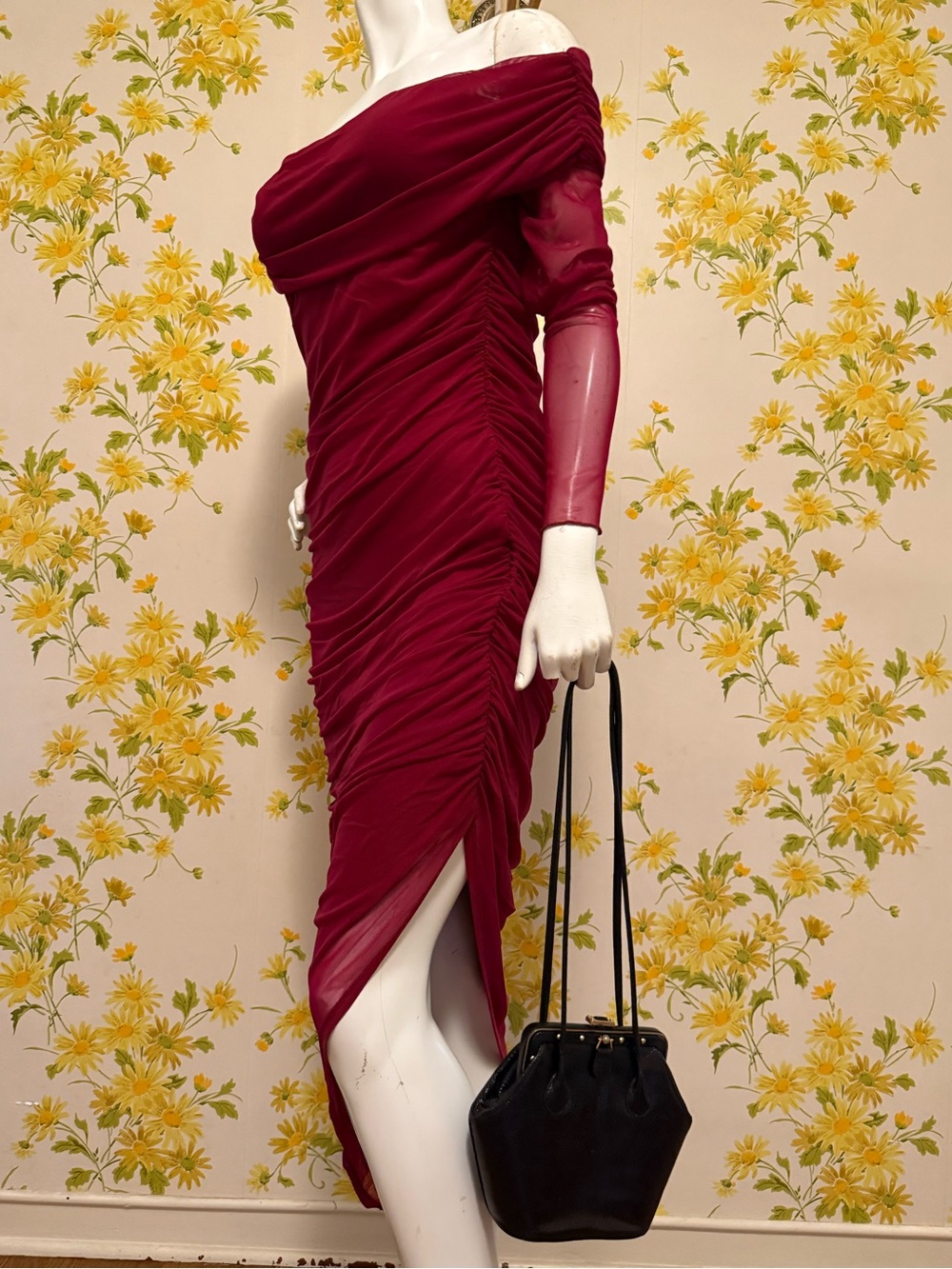 Elegant Off-Shoulder Burgundy bodycon mesh Dress size L